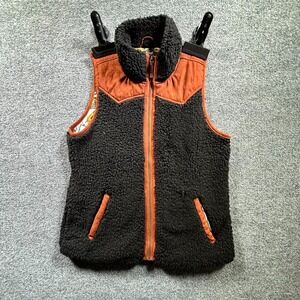 Cruel Denim Vest Women's Large Black Orange Sherpa Fleece Western Print Full Zip